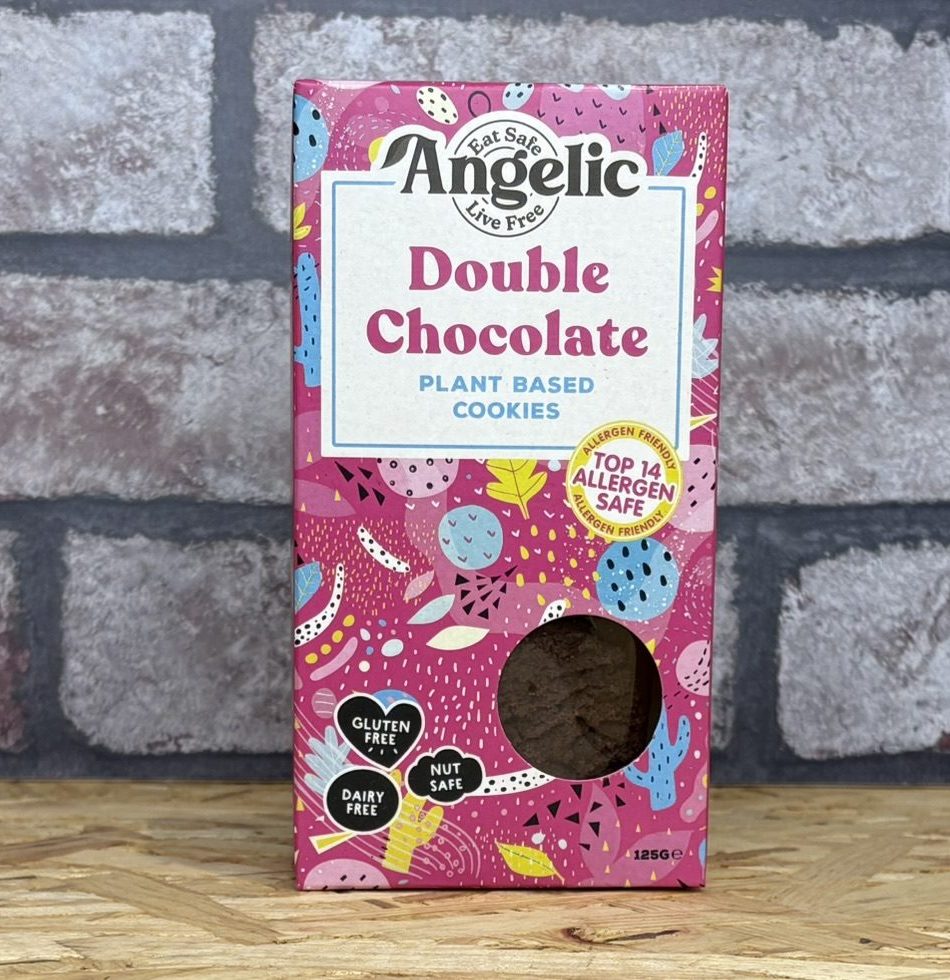 Angelic double chocolate plant based cookies in a pink box