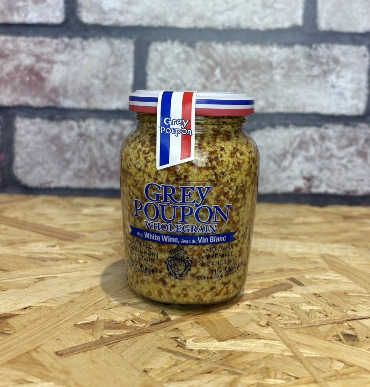 jar of wholegrain mustard with french flag label