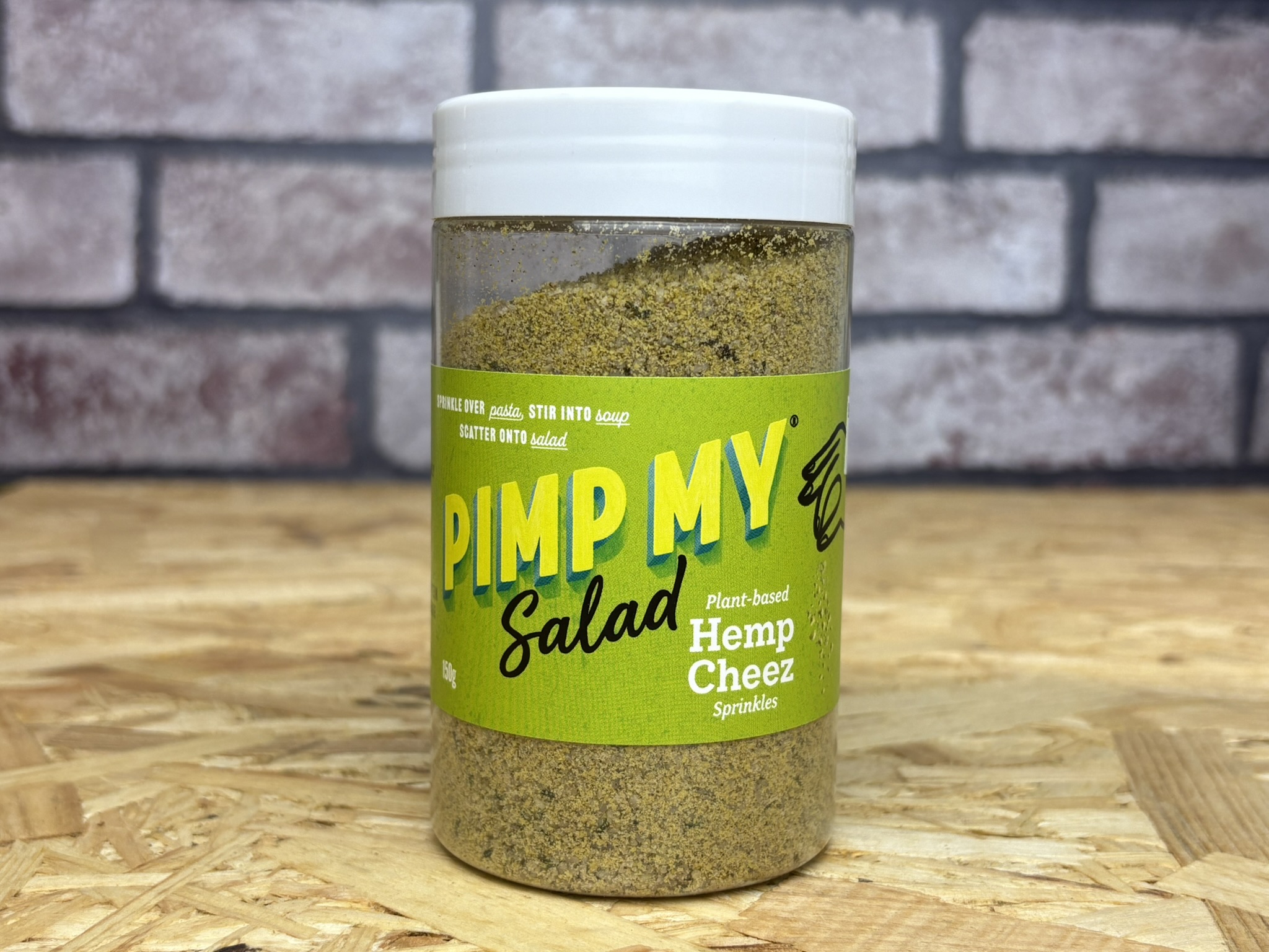 Pimp my salad hemp parmesan 150g pot- green product and labelling